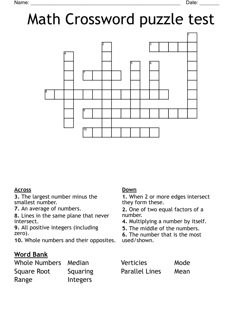 Math Crossword puzzle test