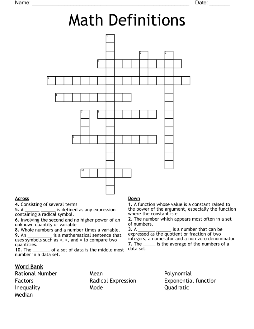 Math Definitions Crossword