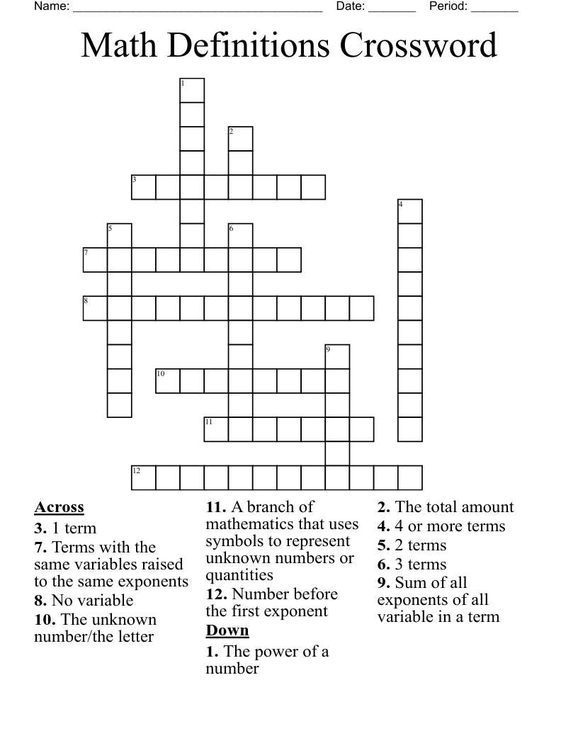Math Definitions Crossword