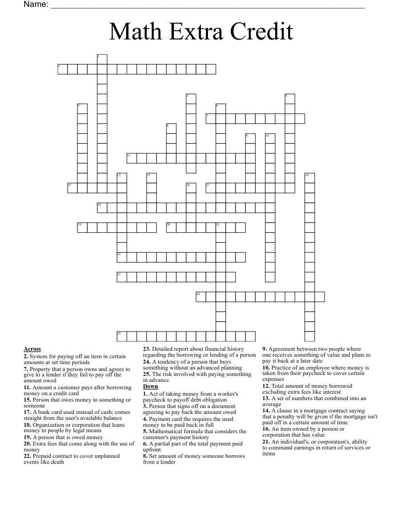 Math Extra Credit  Crossword