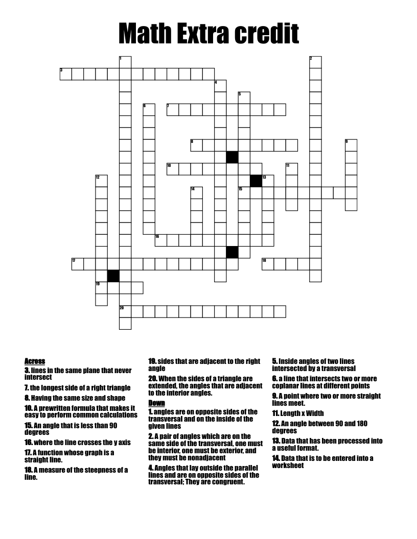 Math Extra credit Crossword