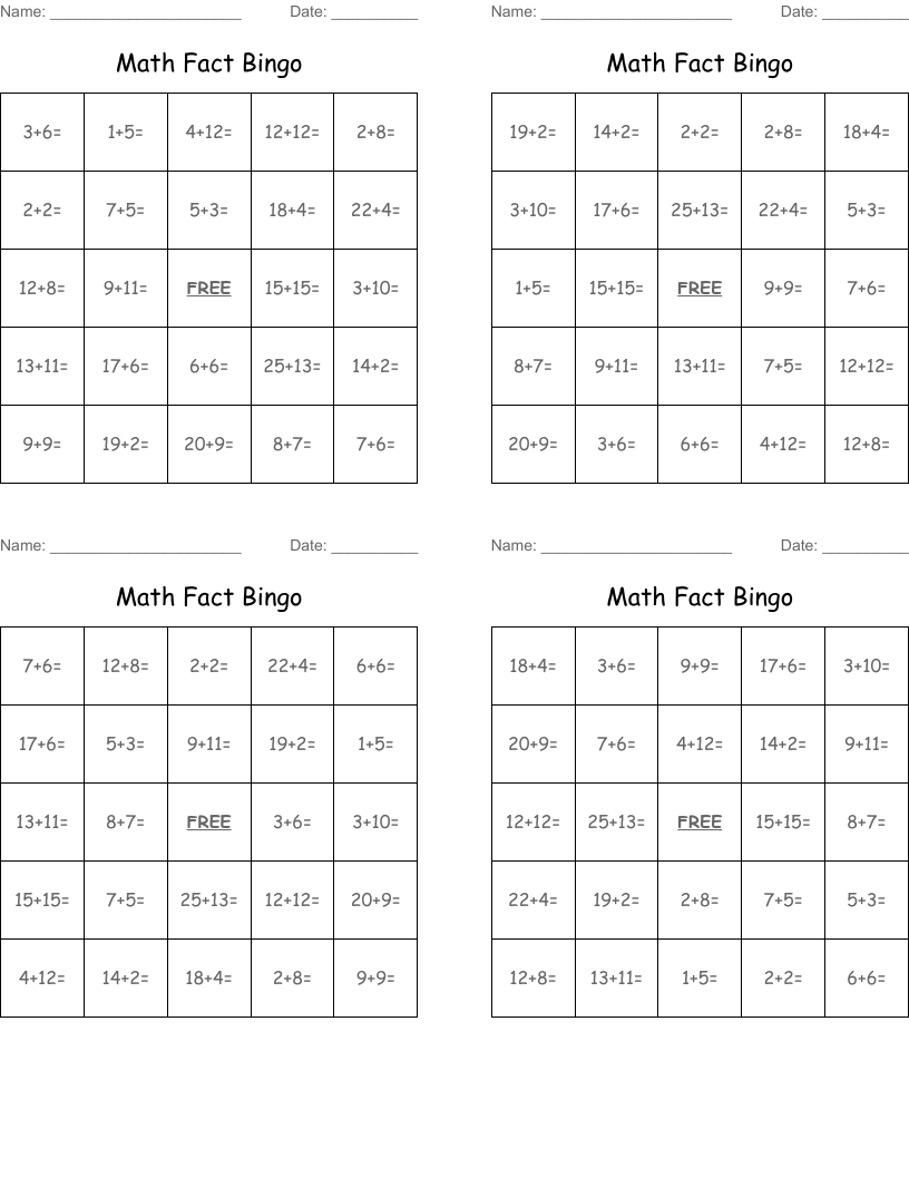 Math Fact Bingo