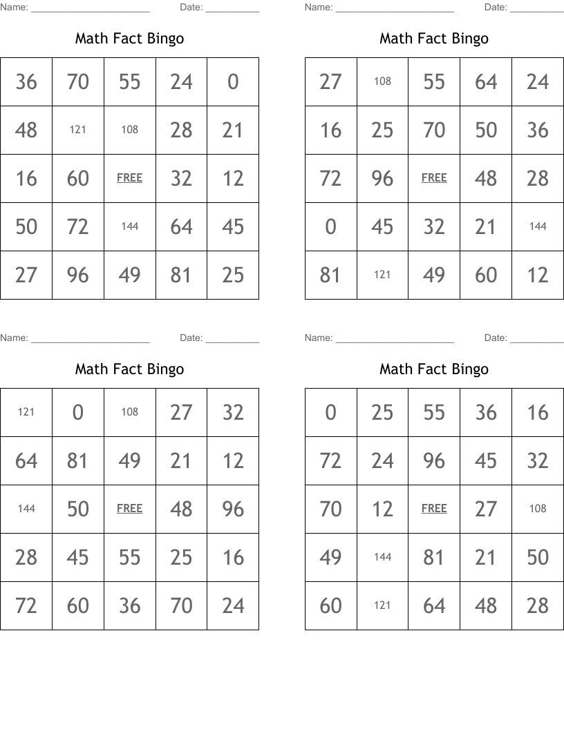 Math Fact Bingo 