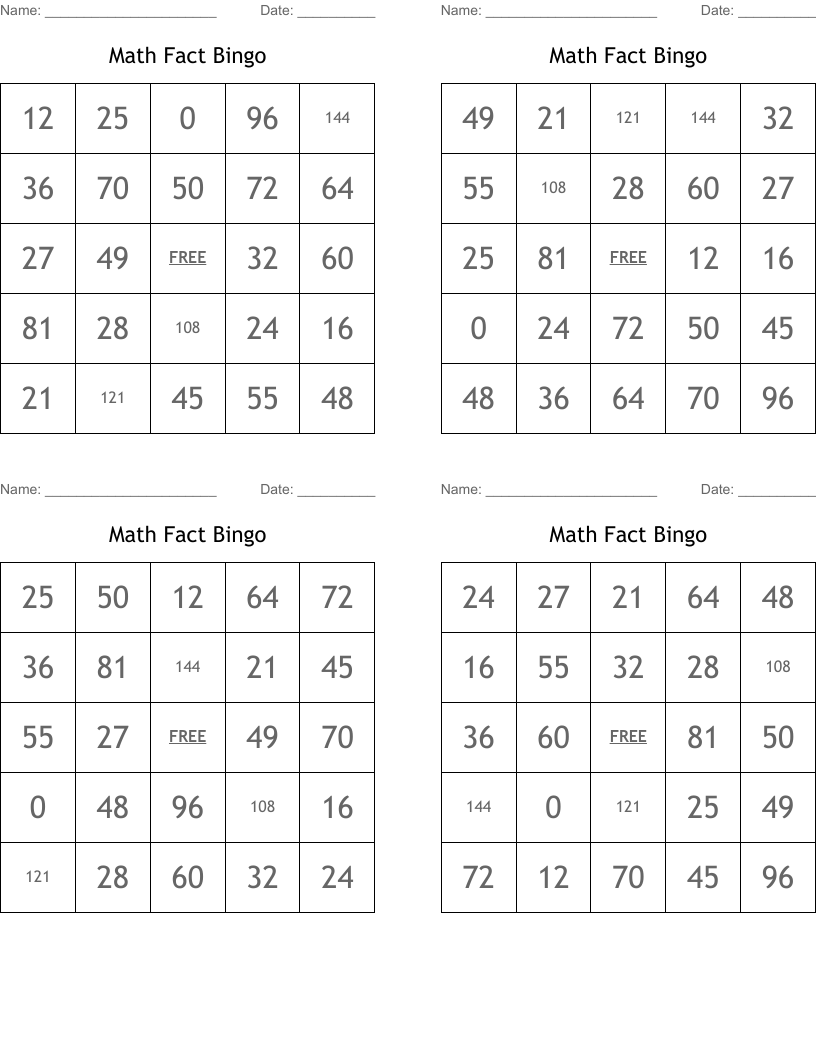 Math Fact Bingo 