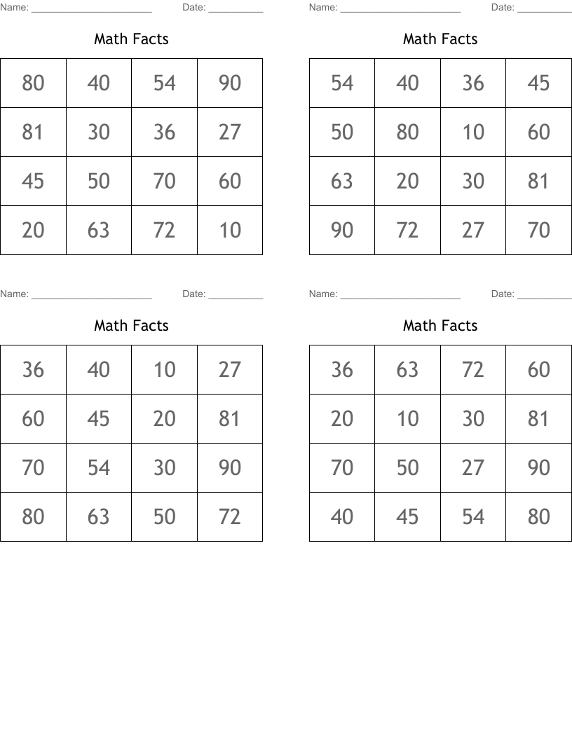 Math Facts Bingo Cards