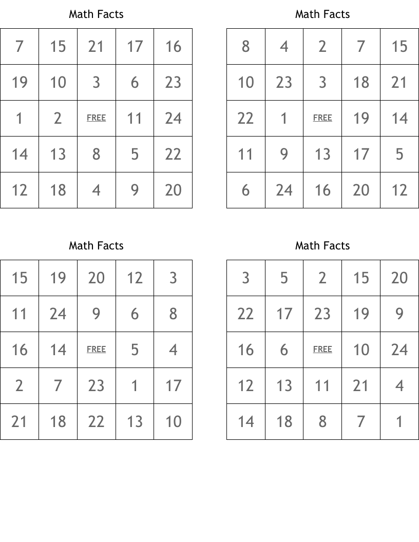 Math Facts Bingo Cards