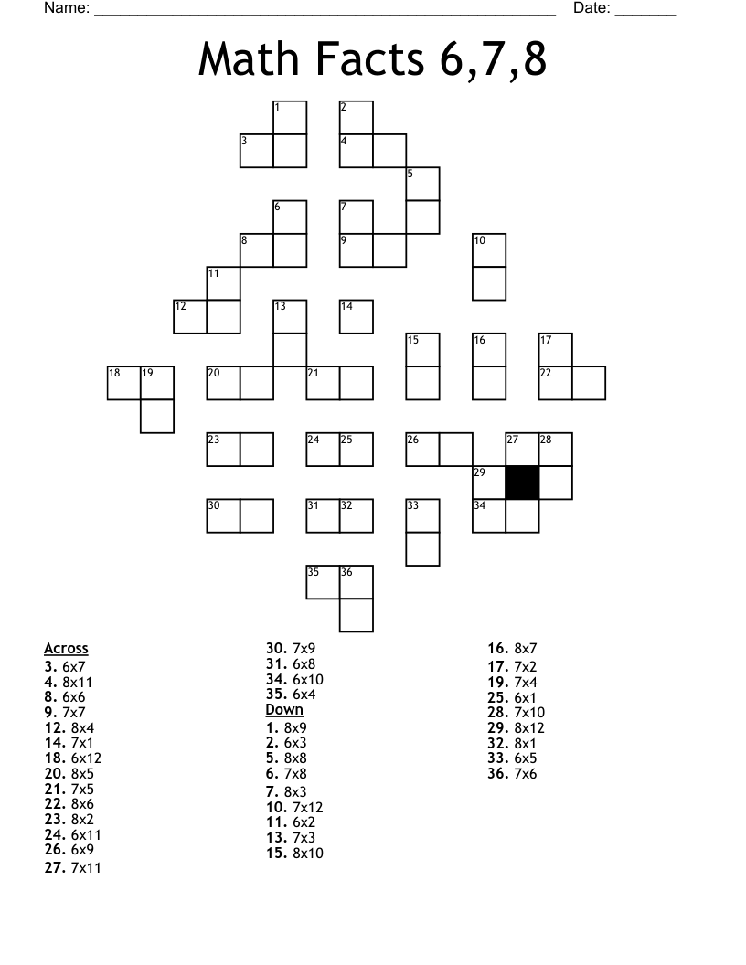 Math Facts 6,7,8 Crossword