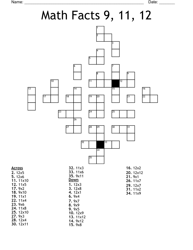 Math Facts 9, 11, 12 Crossword
