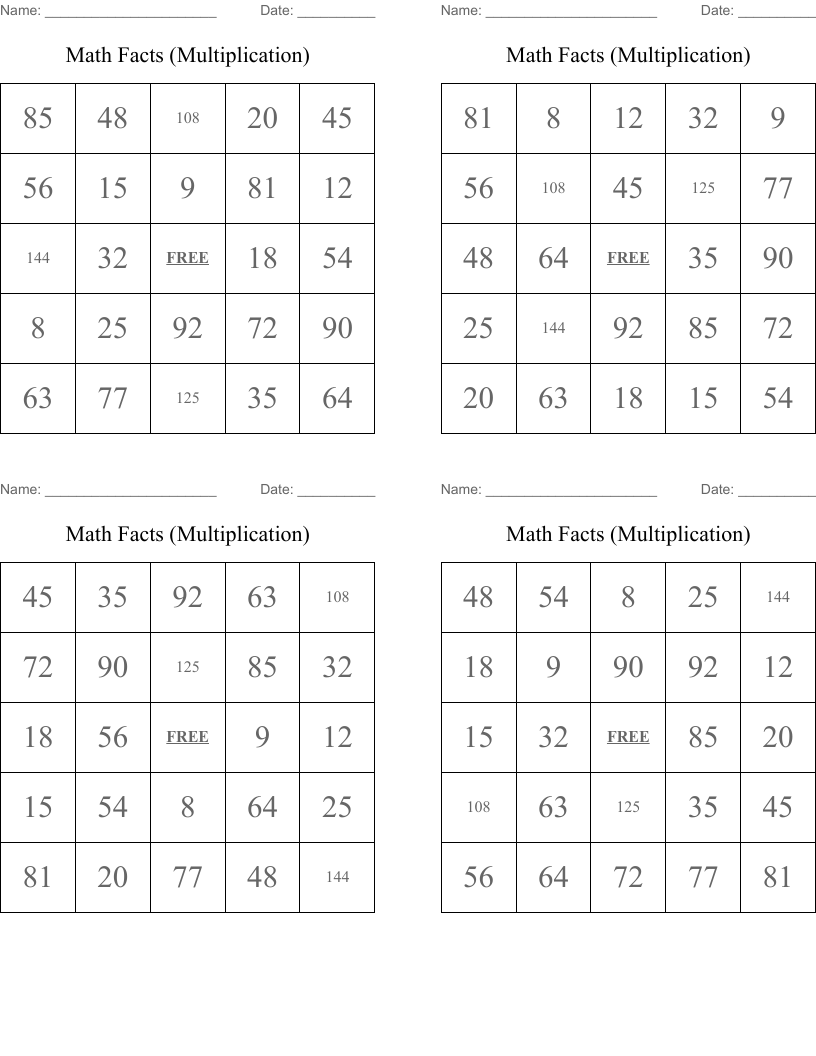 Math Facts (Multiplication) Bingo Cards
