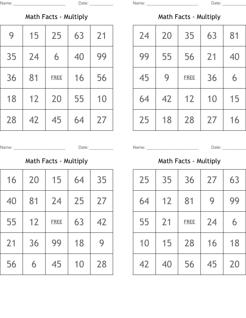 Math Facts - Multiply Bingo Cards
