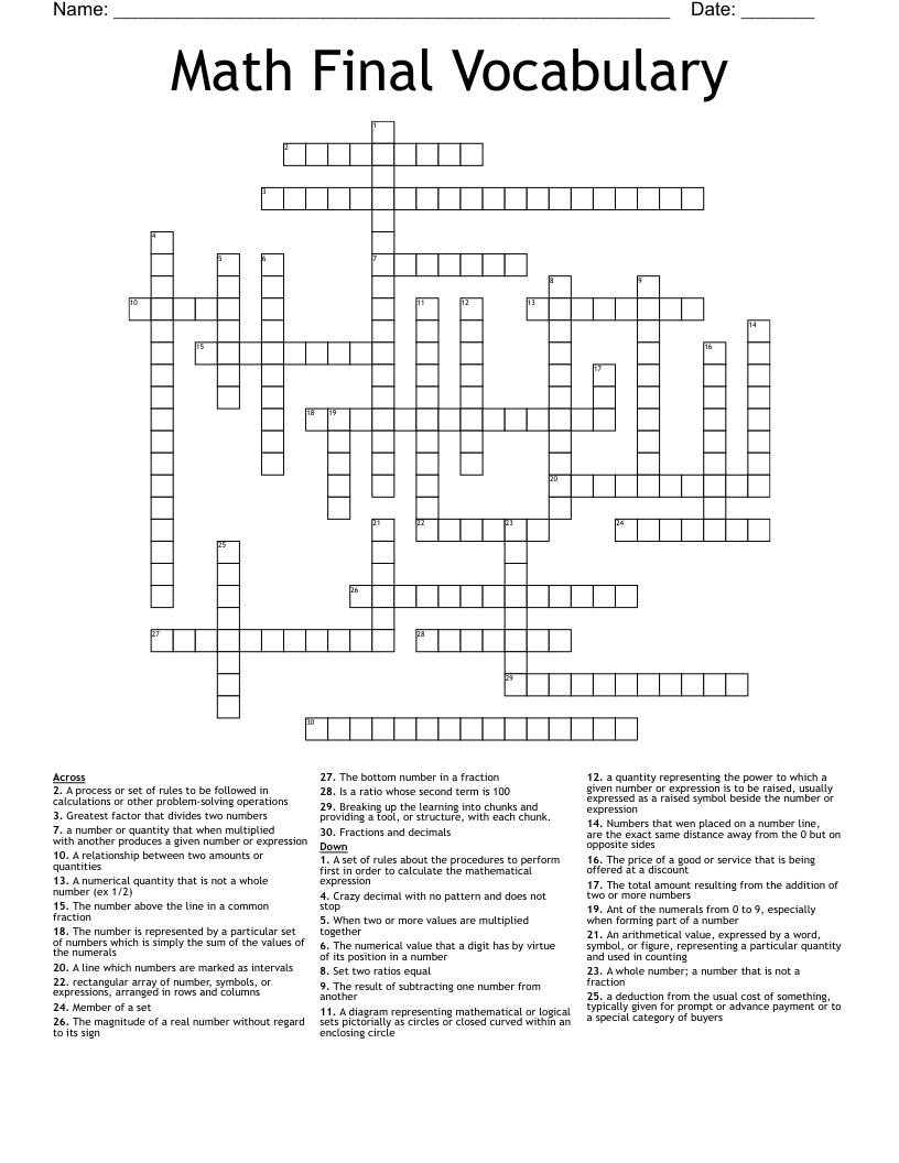 Math Final Vocabulary Crossword