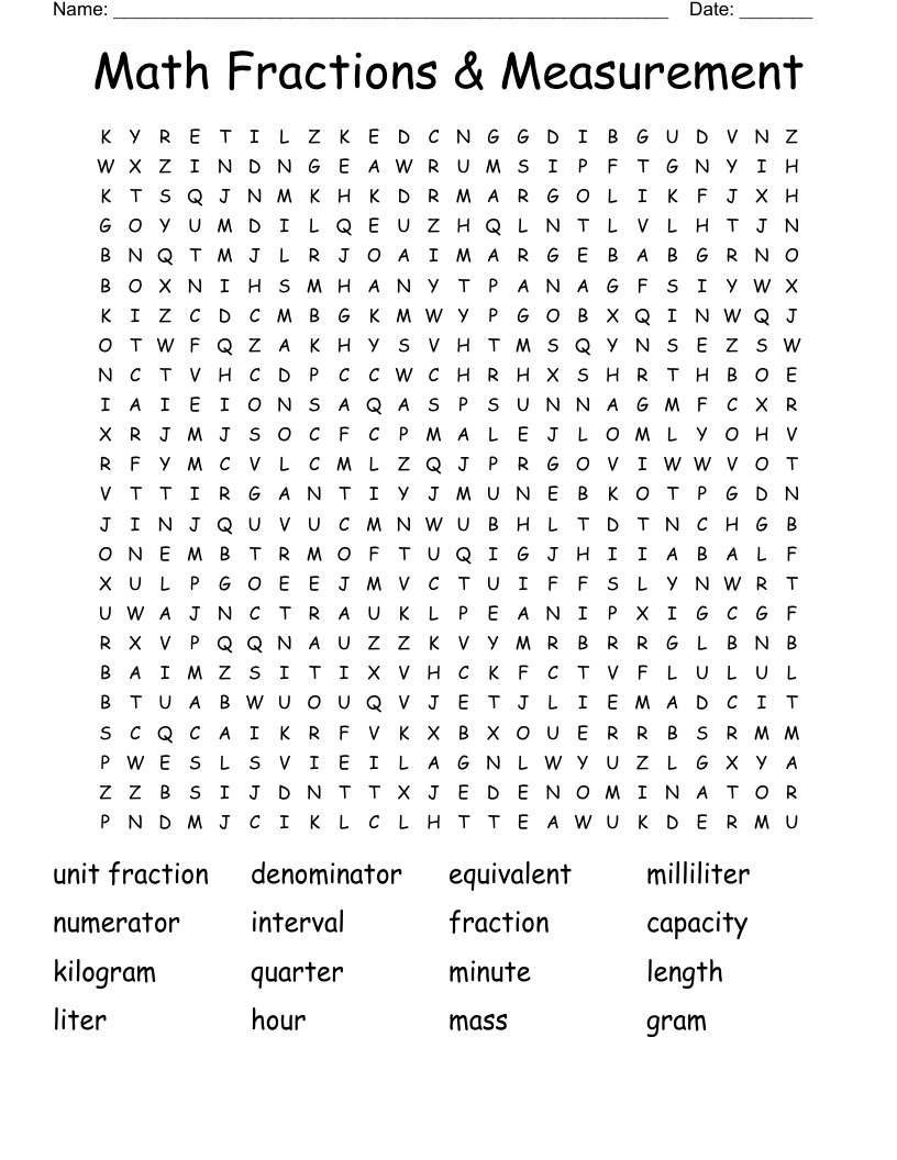Math Fractions & Measurement Word Search