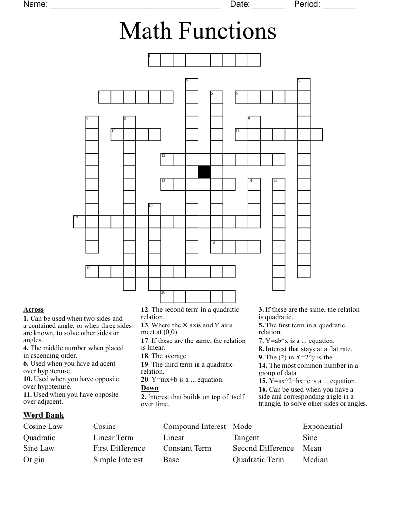 Math Functions Crossword