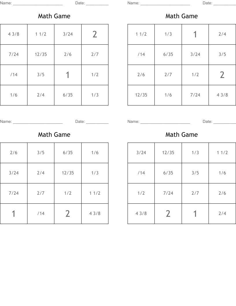 Math Game Bingo Cards