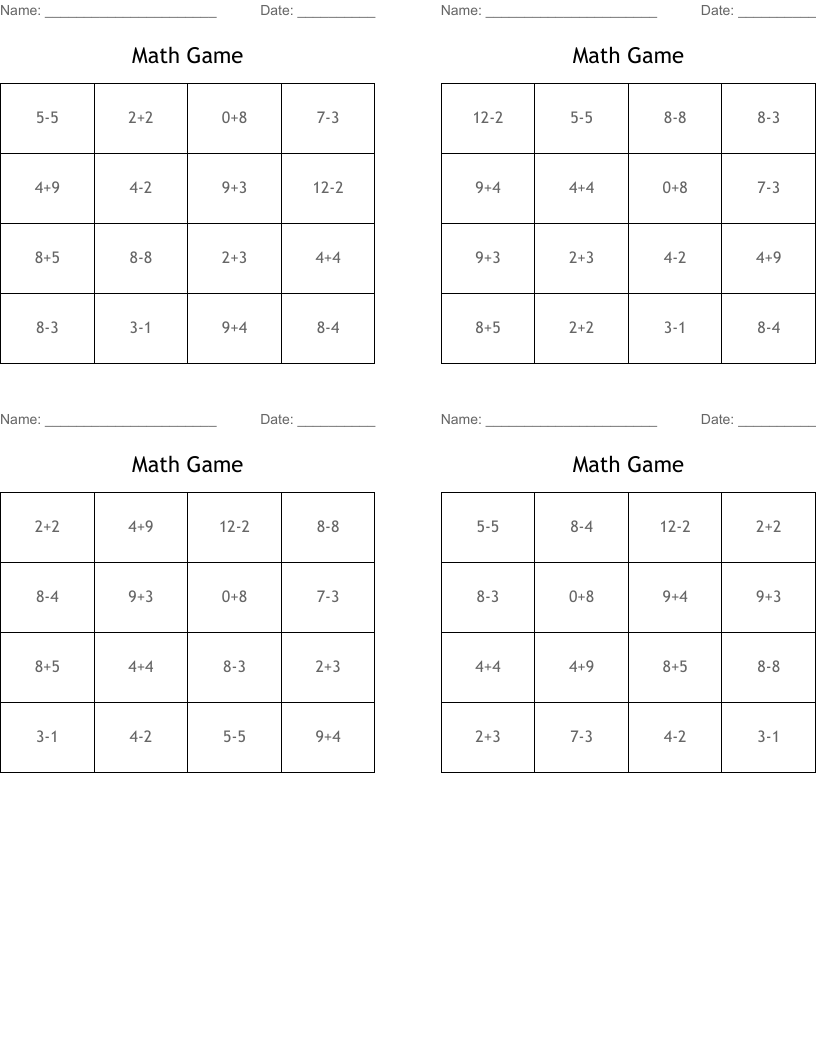 Math Game Bingo Cards