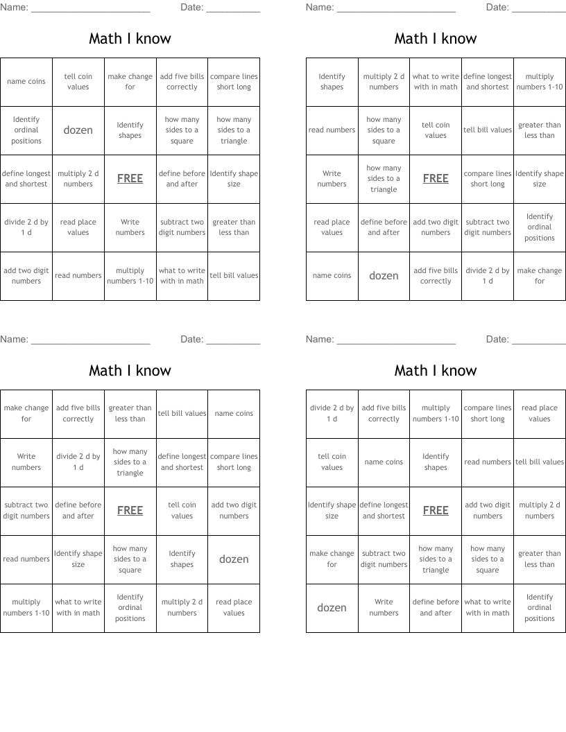 Math I know Bingo Cards