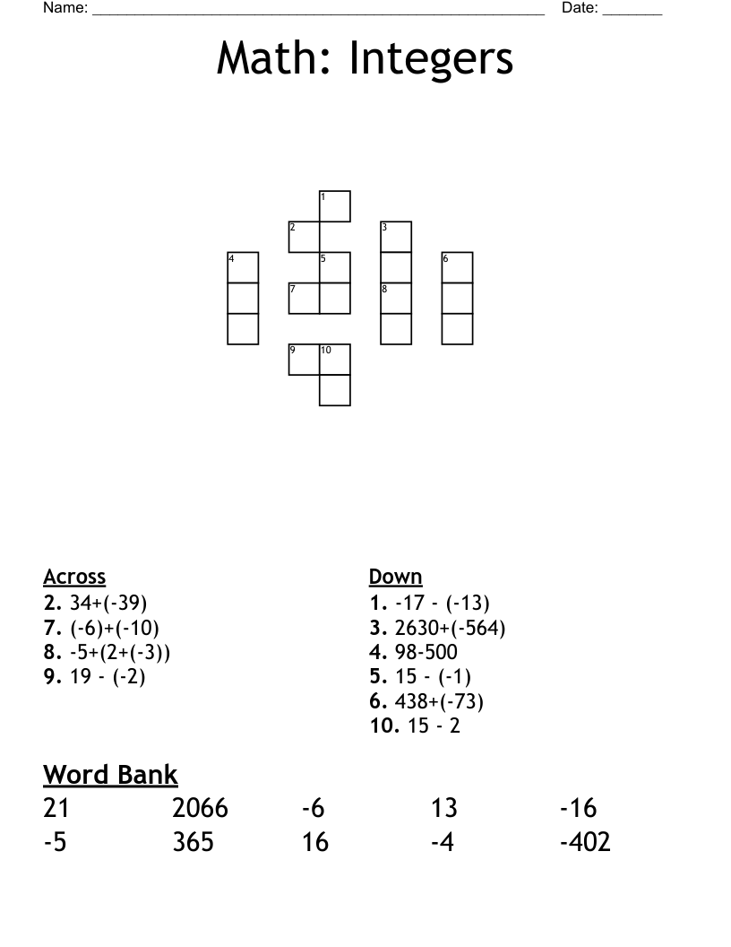 Math: Integers Crossword