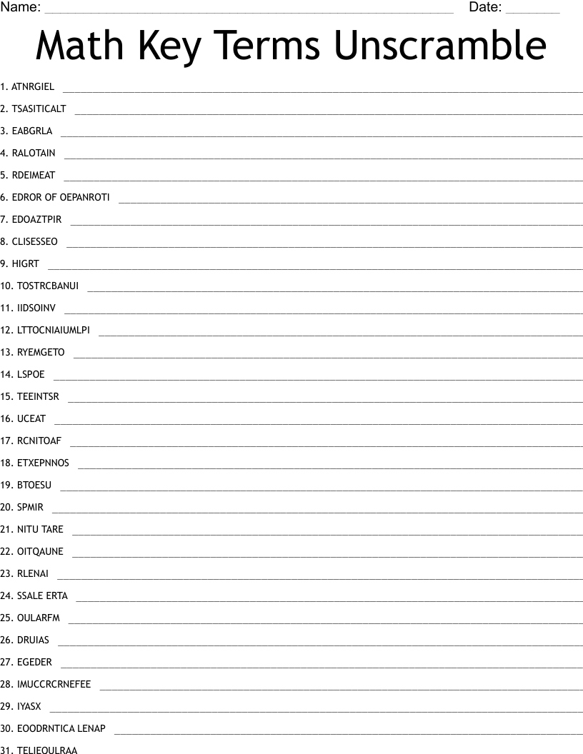 Math Key Terms Unscramble 