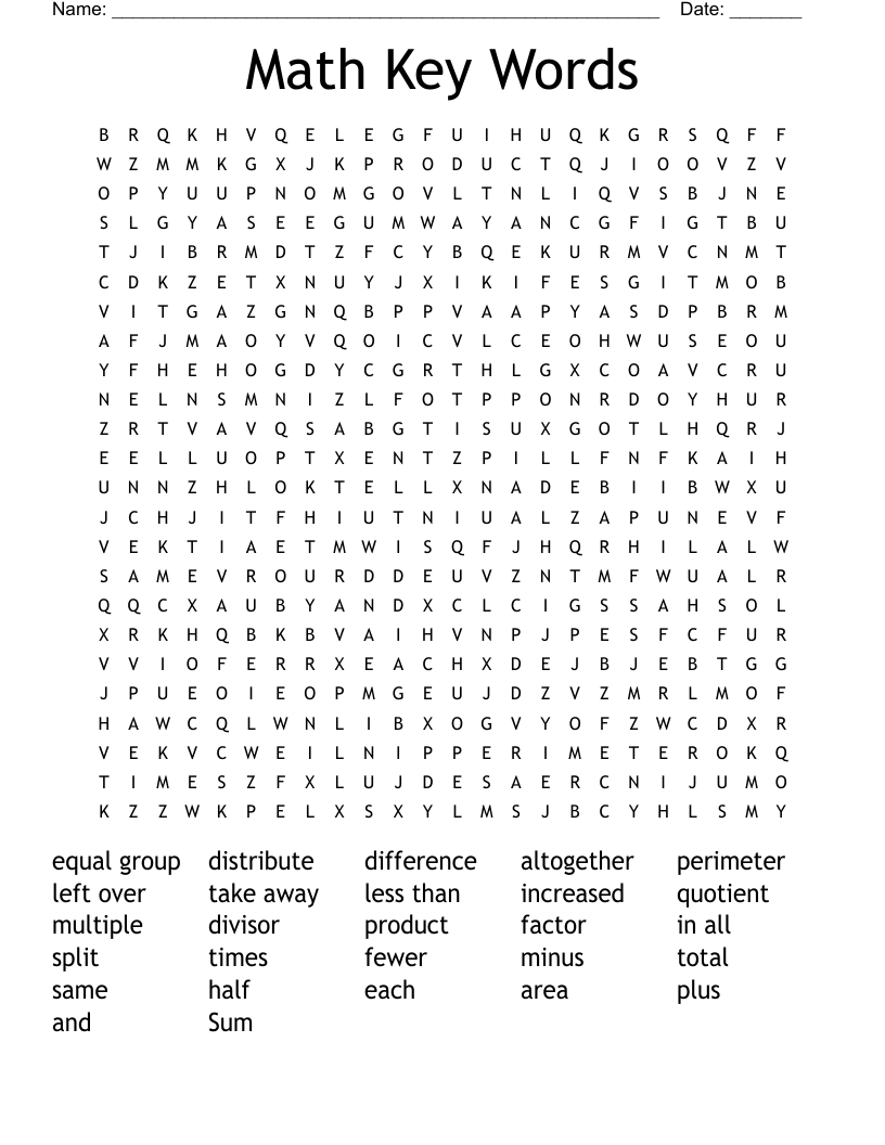 Math Key Words Word Search