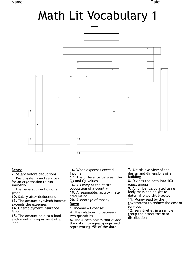 Math Lit Vocabulary 1 Crossword