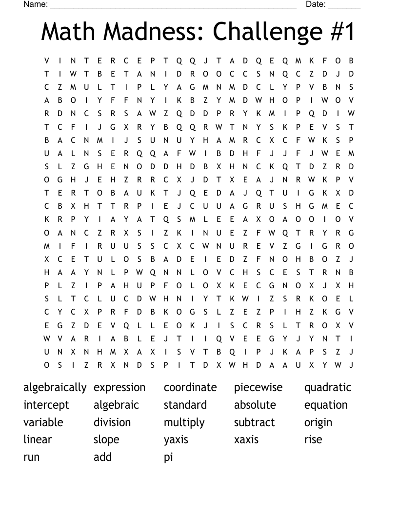 Math Madness: Challenge #1 Word Search