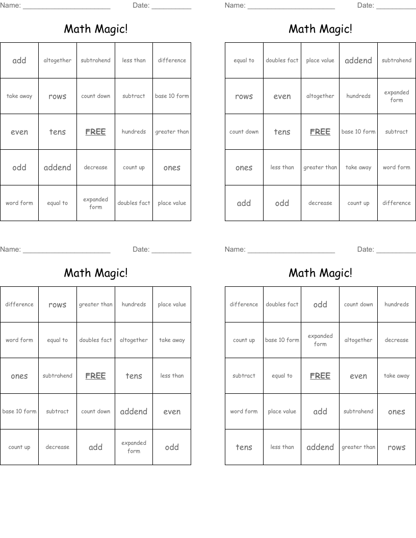 Math Magic! Bingo Cards