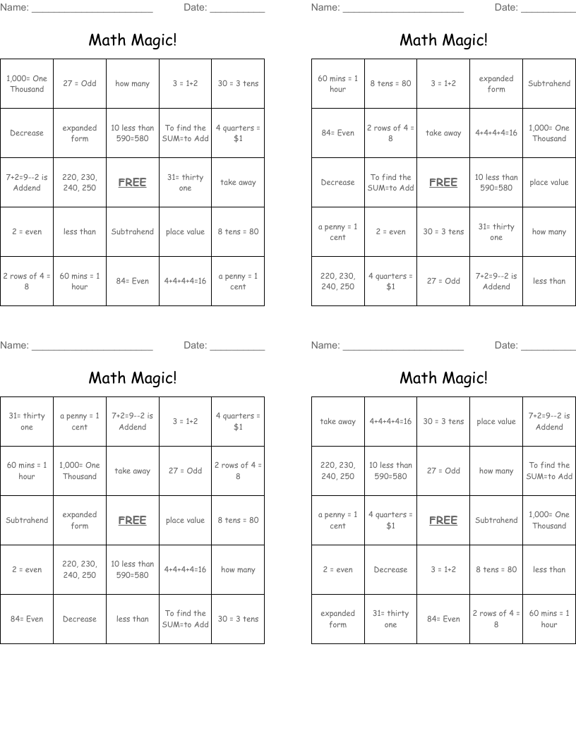 Math Magic! Bingo Cards