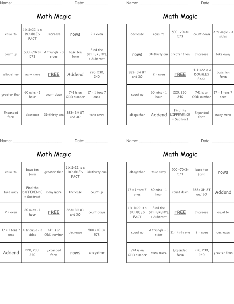 Math Magic Bingo Cards