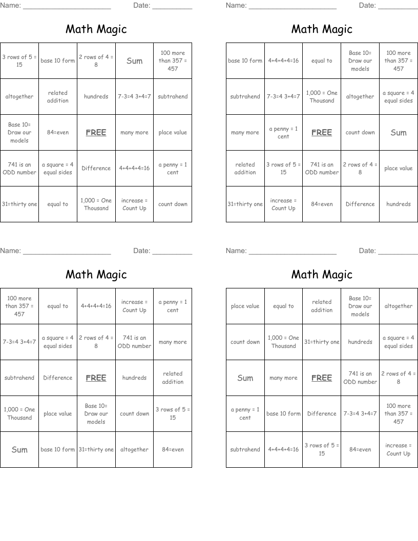 Math Magic Bingo Cards