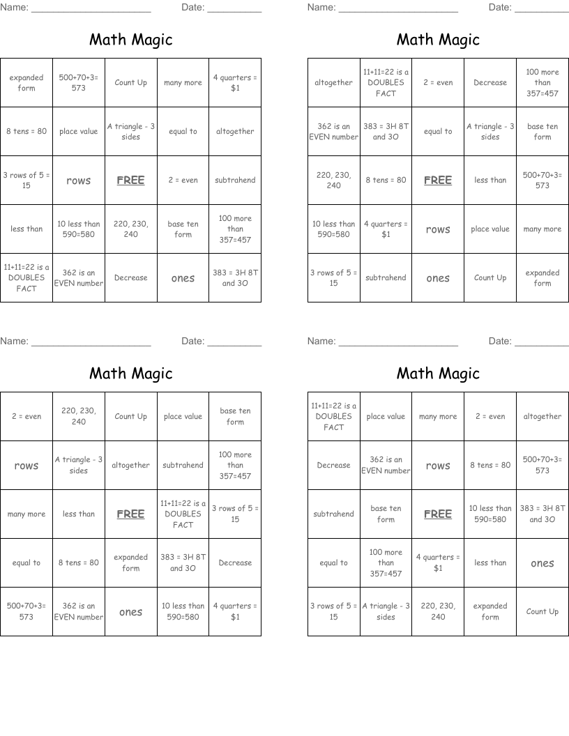 Math Magic Bingo Cards