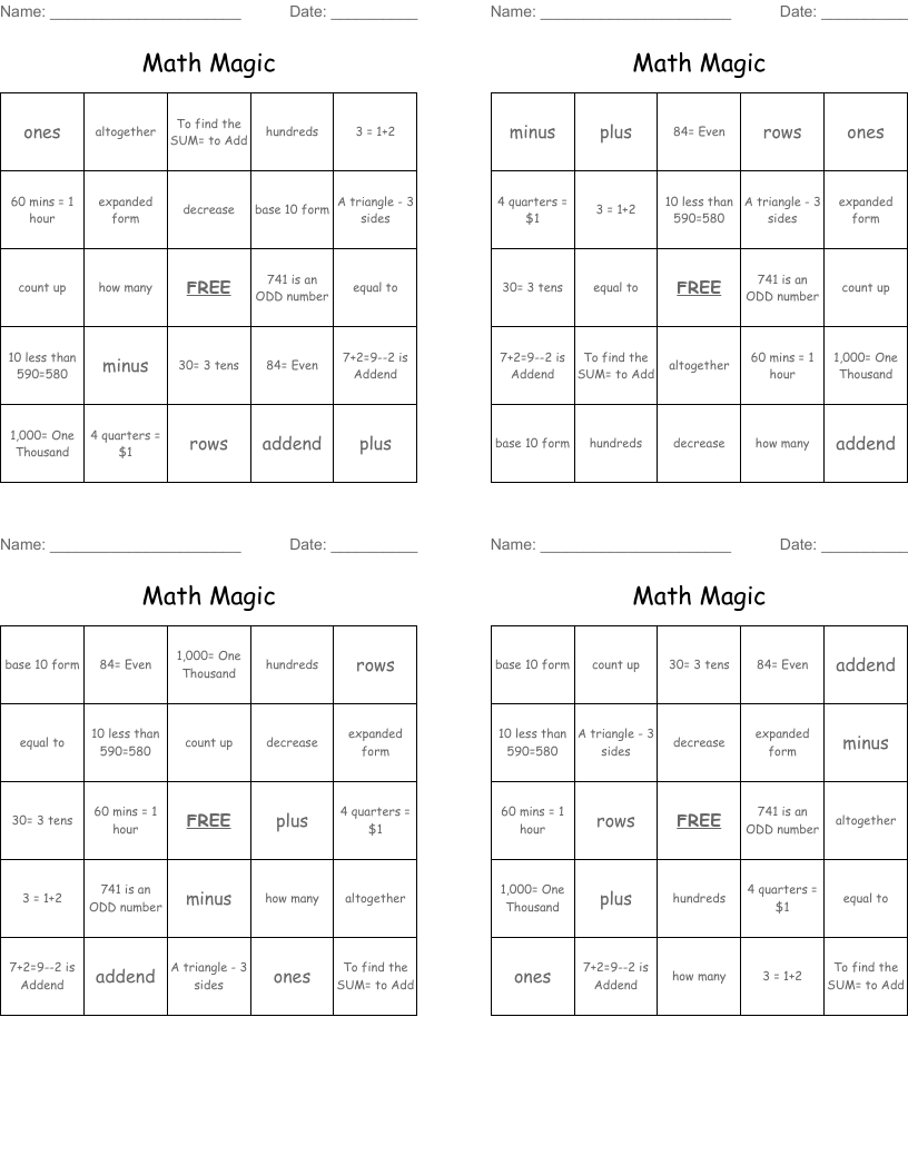 Math Magic Bingo Cards