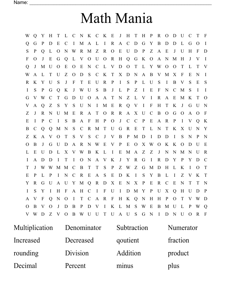 Math Mania Word Search