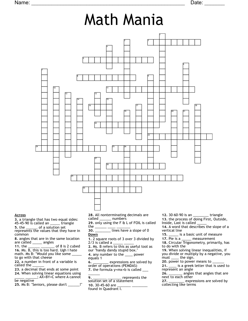 Math Mania Crossword
