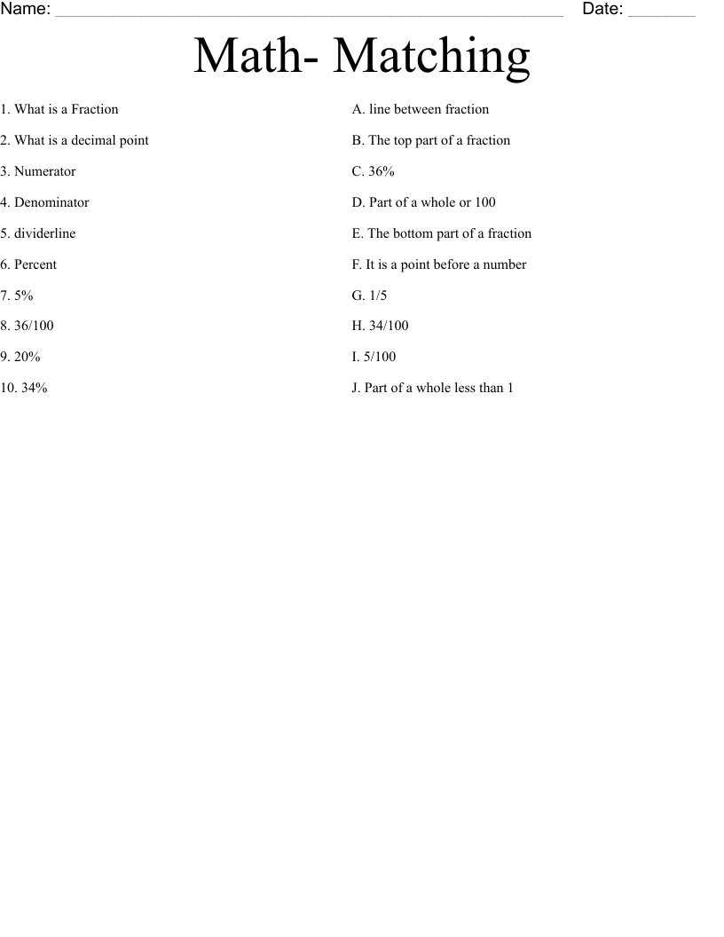 Math- Matching Worksheet