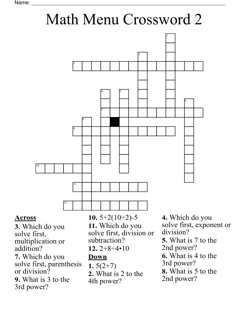 Math Menu Crossword 2