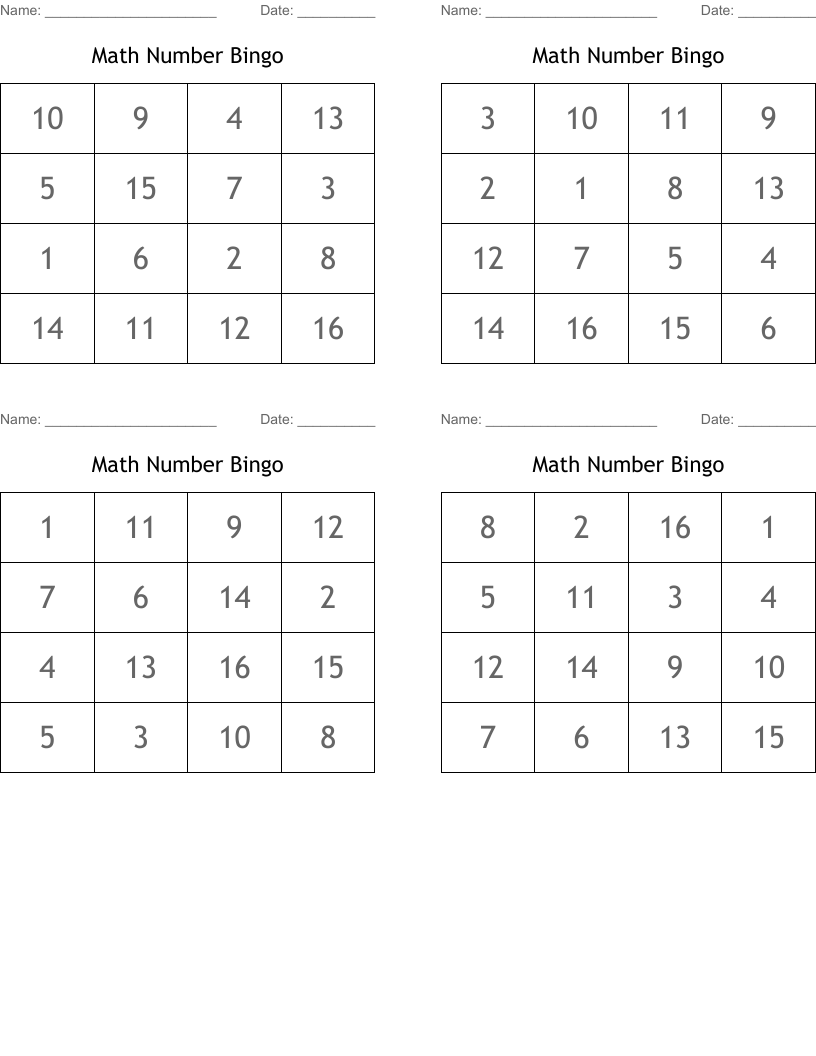 Math Number Bingo