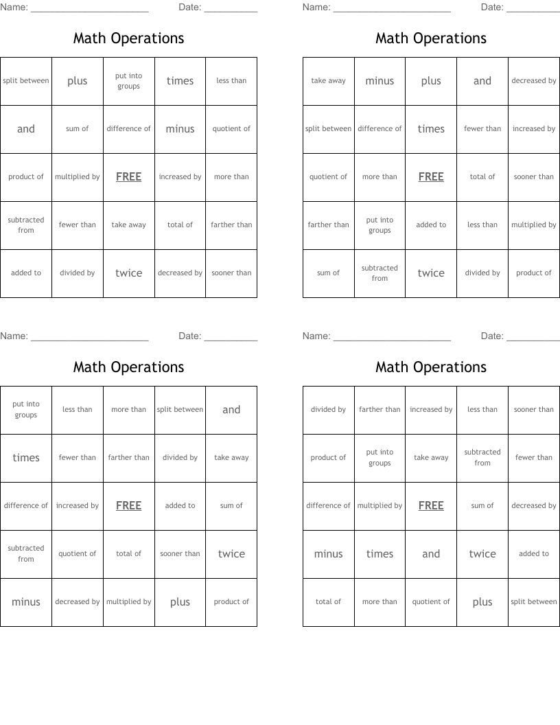 Math Operations Bingo Cards
