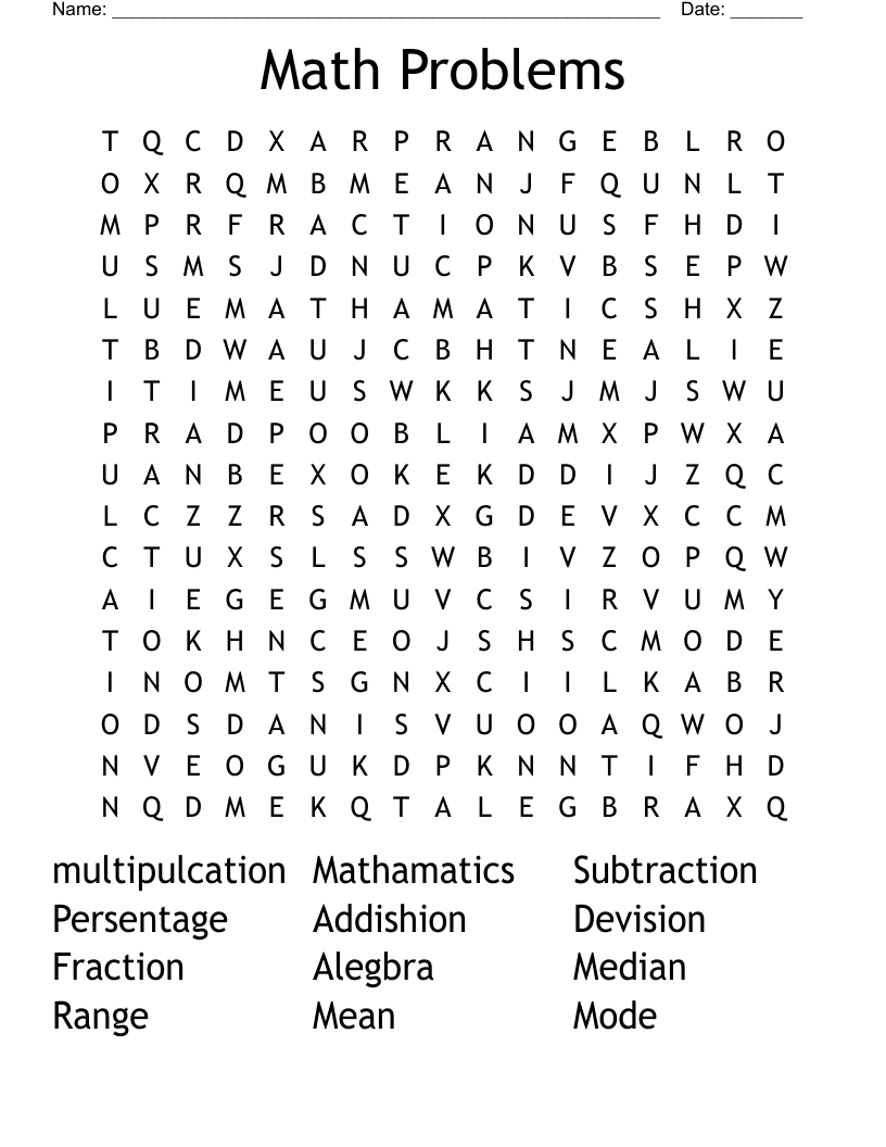 Math Problems Word Search