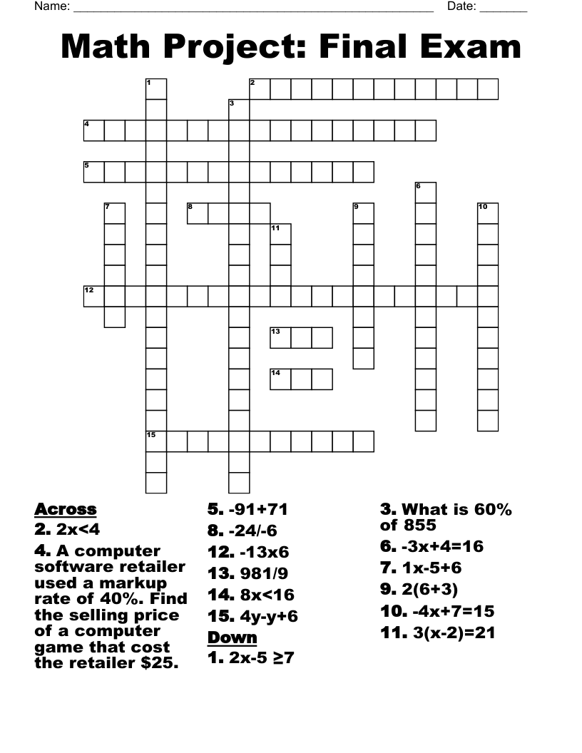 Math Project: Final Exam Crossword