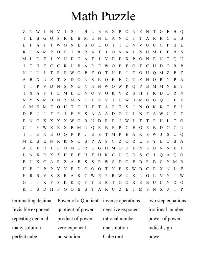 Math Puzzle Word Search