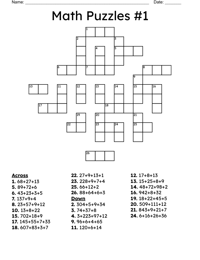 Math Puzzles #1 Crossword