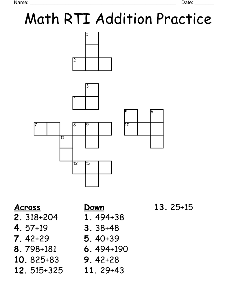 Math RTI Addition Practice Crossword