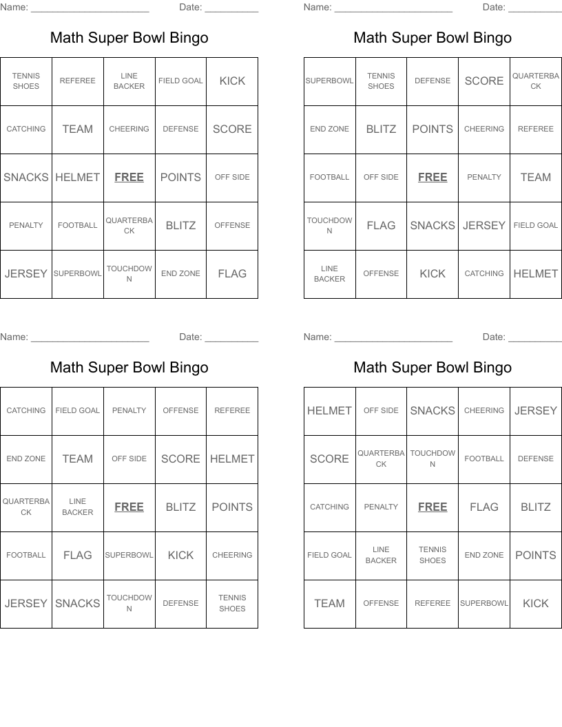 Math Super Bowl Bingo
