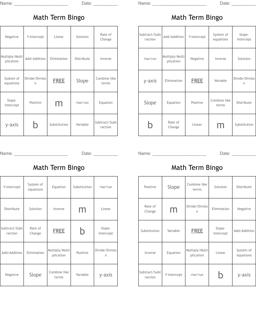 Math Term Bingo