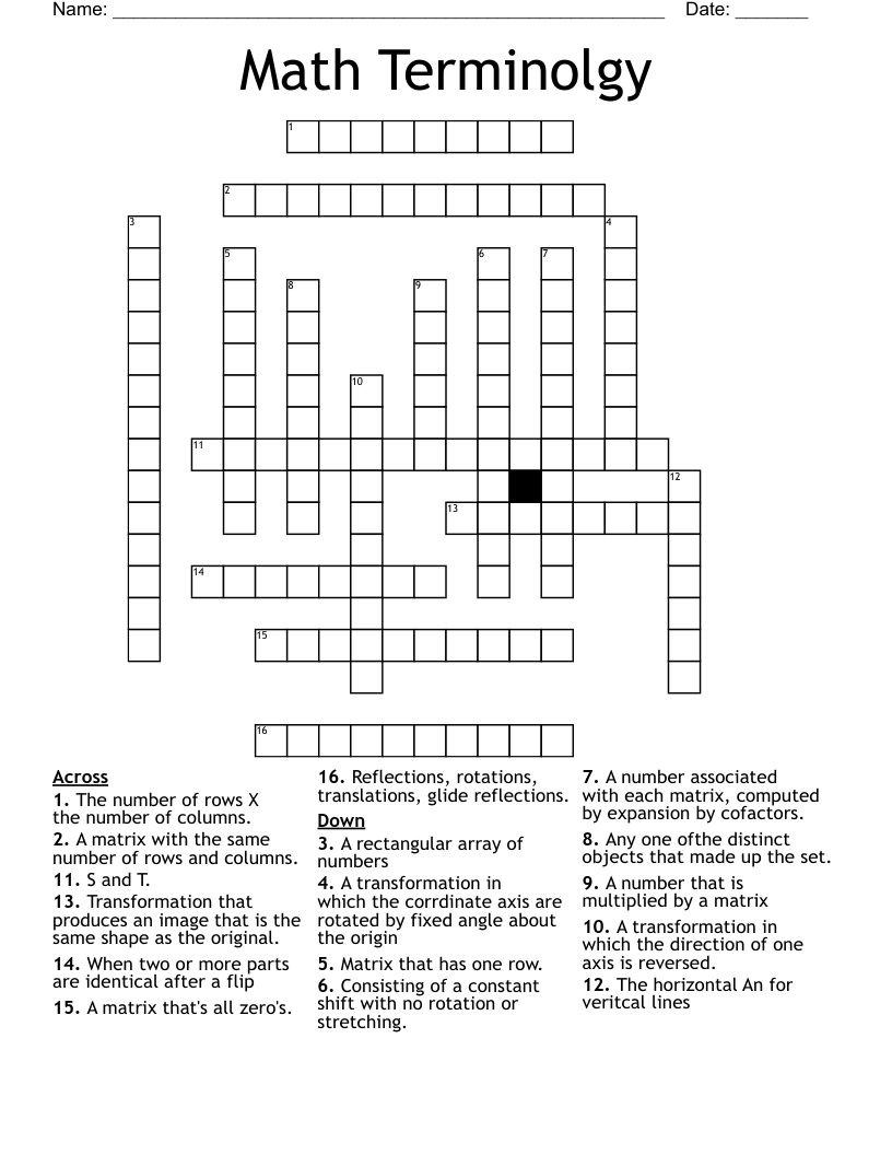 Math Terminolgy Crossword