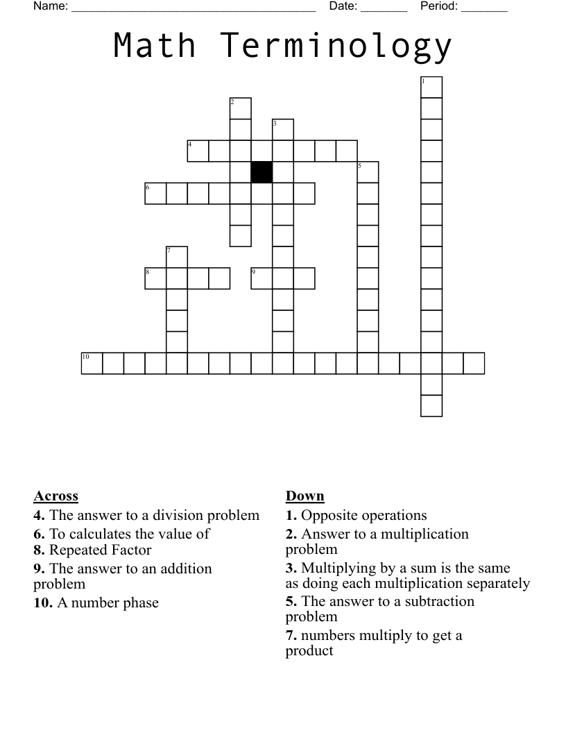 Math Terminology Crossword