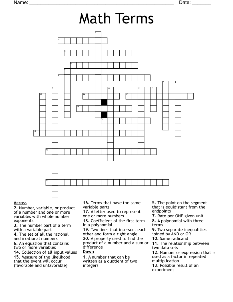 Math Terms Crossword