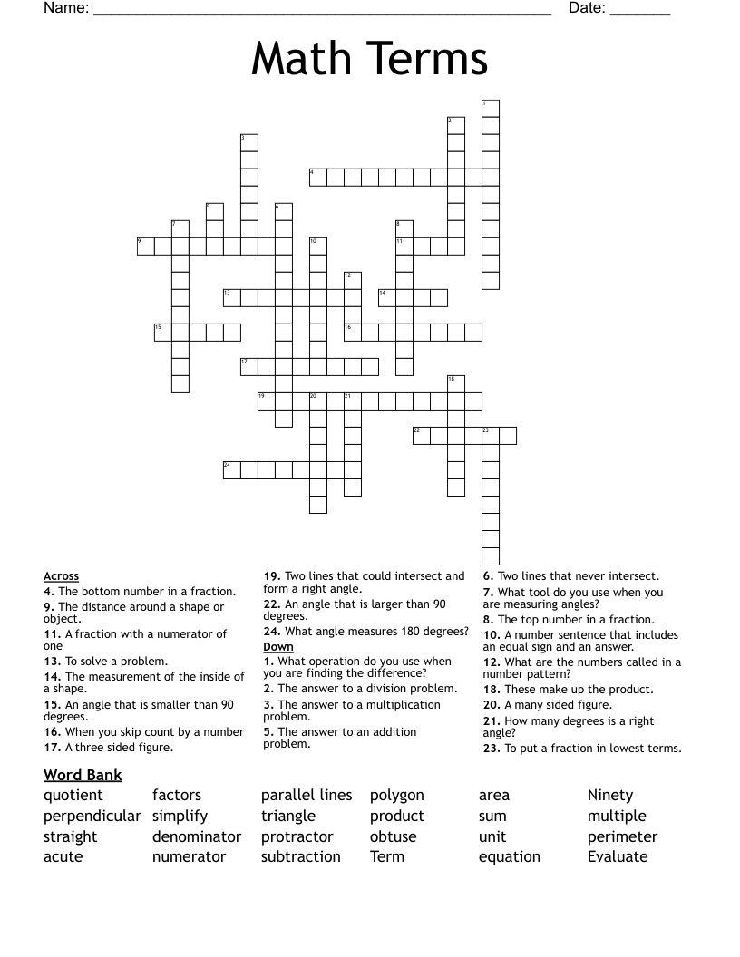 Math Terms Crossword