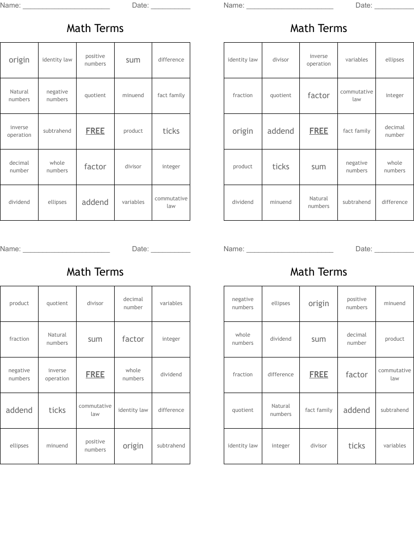 Math Terms Bingo Cards