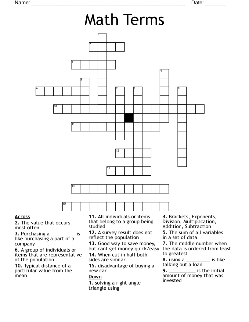 Math Terms Crossword